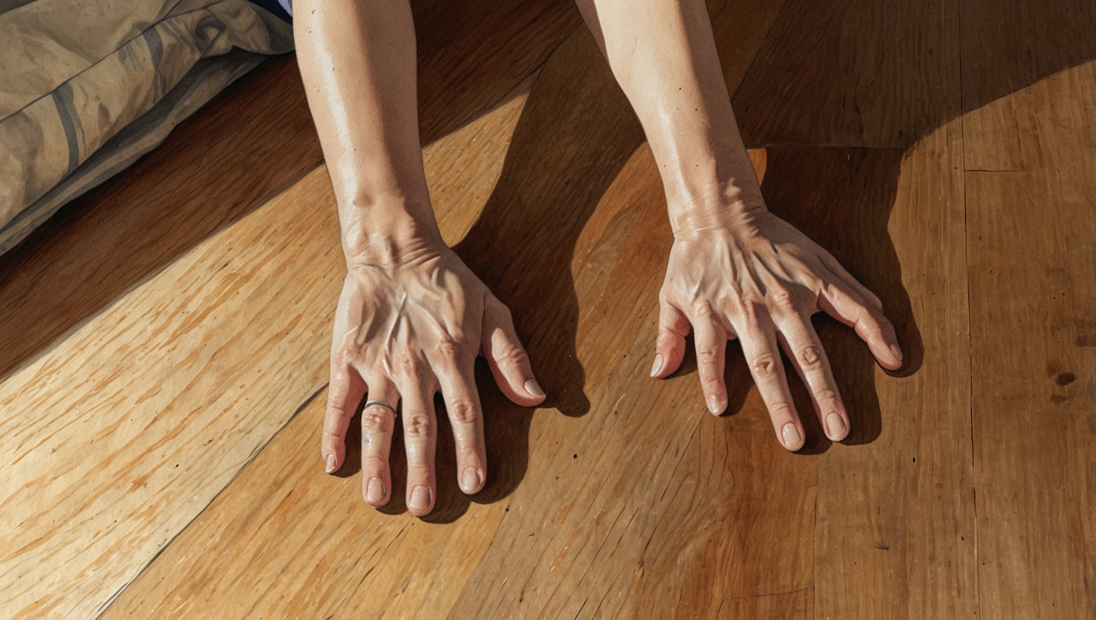 Watercolor sketch of a knees-down push-up on a wooden floor in morning light, one of three moves in the beginner floor routine