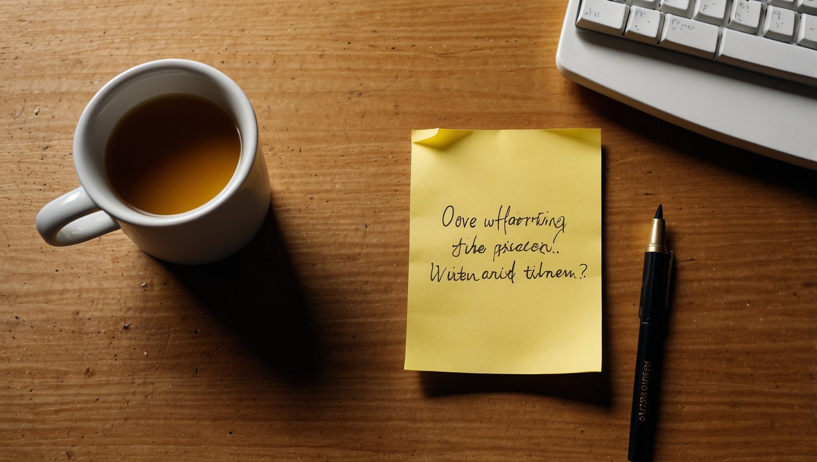 How to Get Back on Track After Falling Off (Worst-Day Plan) 4 Watercolor sketch of a sticky note and mug of tea on a wooden desk representing a 3-item worst-day floor