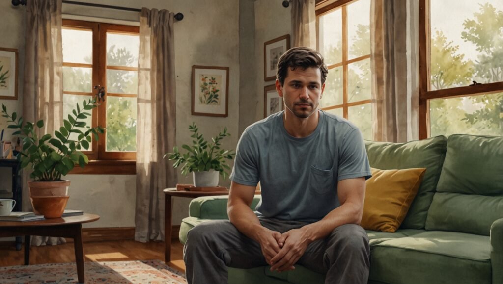 Watercolor sketch of Jordan at home, calm and grounded, introducing the minimum viable workout for beginners — 10 squats, 5 push-ups, 30 seconds of marching