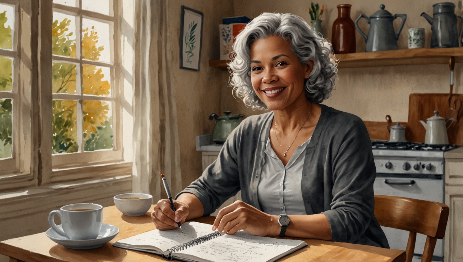How to Get Back on Track After Falling Off (Worst-Day Plan) 5 Watercolor sketch of a woman in her 50s writing in a planner at her kitchen table, marking today as a floor day after a missed day