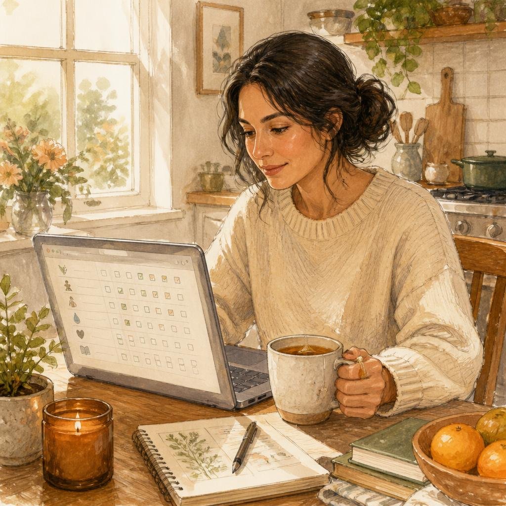 Watercolor sketch of Maya at her kitchen table with a laptop showing a habit tracker, illustrating how to track habits without spreadsheets using a simple Notion setup