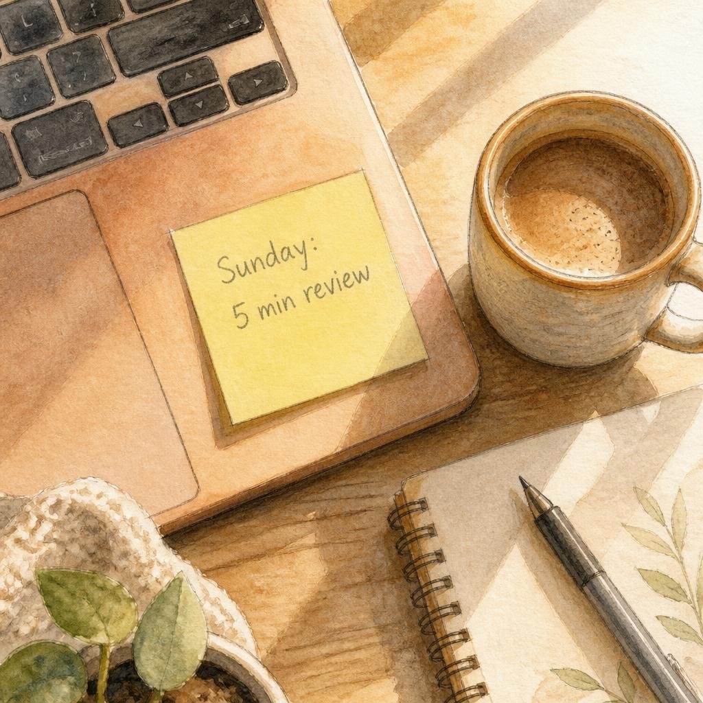 How to Track Habits Without Spreadsheets — My Notion Setup 6 Watercolor sketch of a sticky note on a laptop reading 'Sunday: 5 min review' — the weekly review anchor for a Notion habit tracker