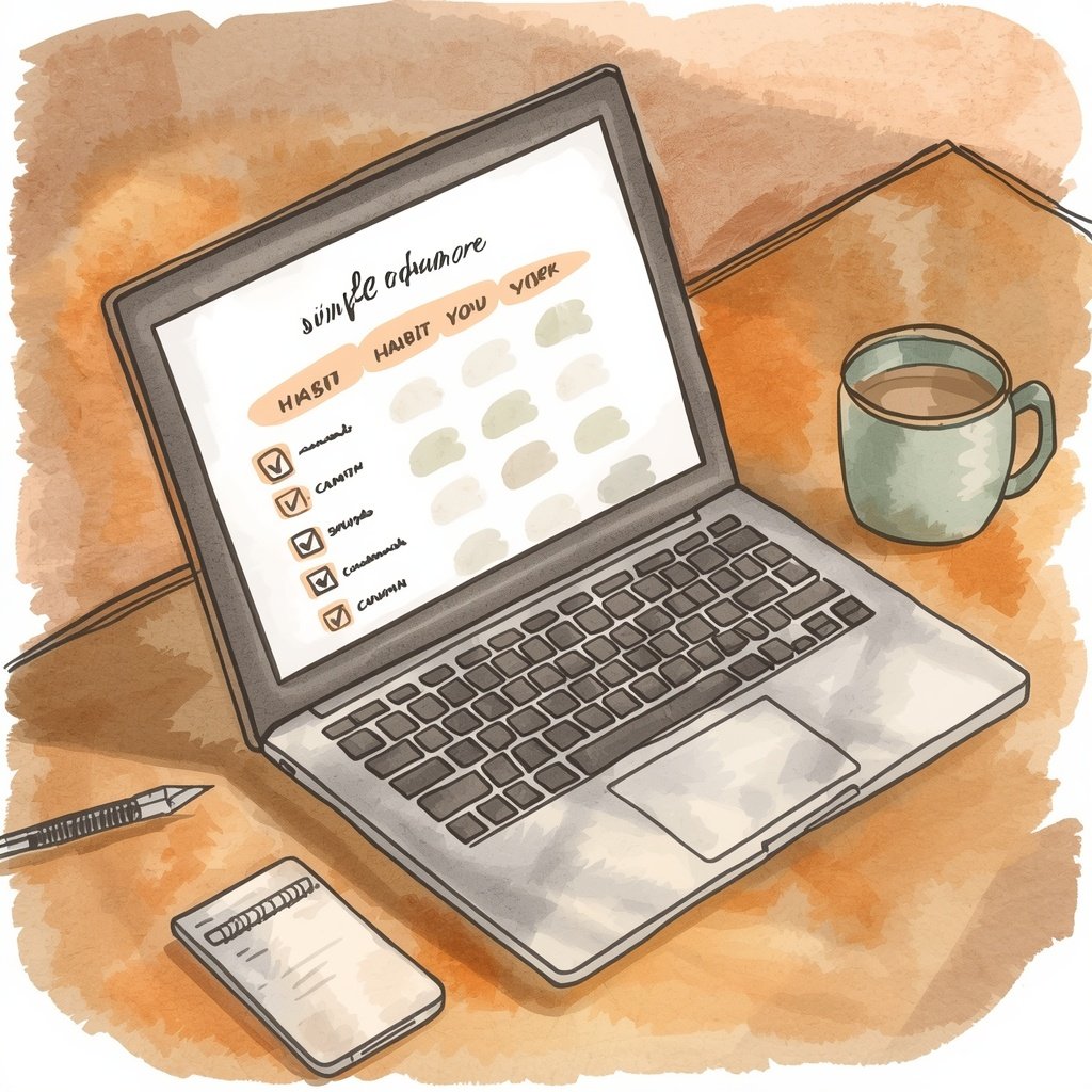 How to Track Habits Without Spreadsheets — My Notion Setup 4 Watercolor sketch of a laptop screen showing a simple Notion habit tracker database with 5 checkbox columns on a wooden desk