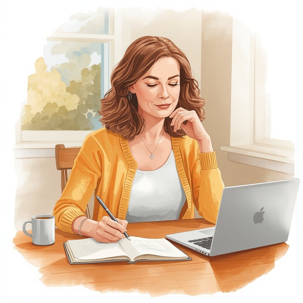 How to Track Habits Without Spreadsheets — My Notion Setup 5 Watercolor sketch of a woman in her 40s reviewing her weekly habit log at a home desk on a Sunday evening